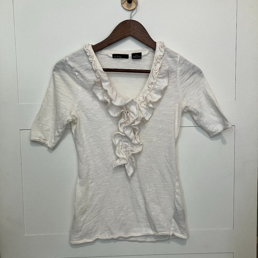Press White Short‎ Sleeve Women's Small Ruffle Button Front Coquette Chic Girly